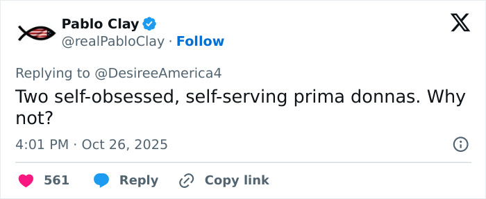 Tweet by Pablo Clay discussing Katy Perry and Justin Trudeau’s romance as a jab at their exes, calling them self-obsessed. Tweet by Pablo Clay discussing Katy Perry and Justin Trudeau’s romance as a jab at their exes, calling them self-obsessed.