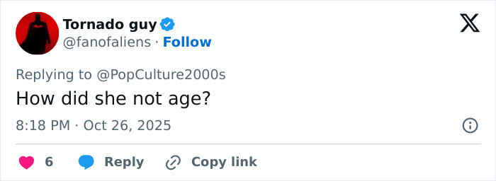 Tweet from user Tornado guy commenting on Megan Fox's youthful appearance, sparking plastic surgery speculation.