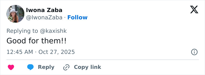 Twitter reply from Iwona Zaba saying Good for them in response to Katy Perry and Justin Trudeau’s romance claims. Twitter reply from Iwona Zaba saying Good for them in response to Katy Perry and Justin Trudeau’s romance claims.