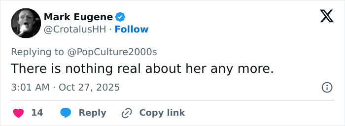 User comment on social media discussing Megan Fox sparks plastic surgery speculation after red carpet appearance.