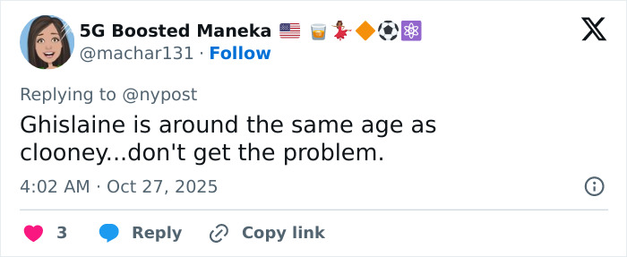 Social media comment discussing George Clooney in relation to Virginia Giuffre Epstein memoir allegations.