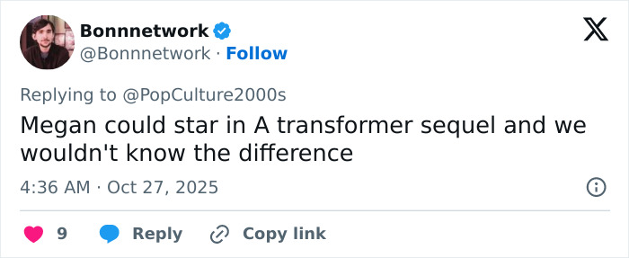 Tweet screenshot showing a comment about Megan Fox sparking plastic surgery speculation after a red carpet event.