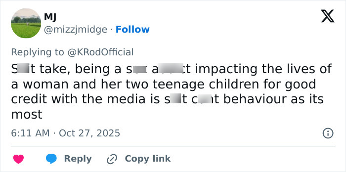 Tweet discussing a woman and her teenage children amid media impact, related to Lily Allen's explosive new album and claims about David Harbour.