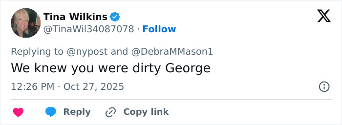 Tweet on social media responding to George Clooney amid Virginia Giuffre Epstein memoir allegations.