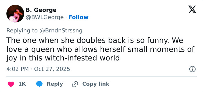 Tweet from B. George commenting on viral footage of an unhinged woman attacking neighbor's Halloween witches twice.