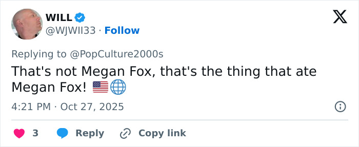 Screenshot of a tweet discussing Megan Fox sparking plastic surgery speculation after a red carpet appearance.