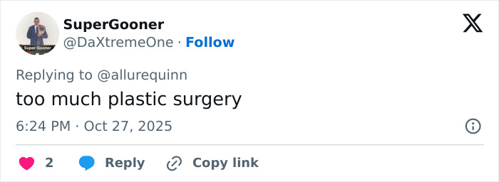 Tweet from SuperGooner commenting on plastic surgery speculation with the main SEO keyword Megan Fox plastic surgery.