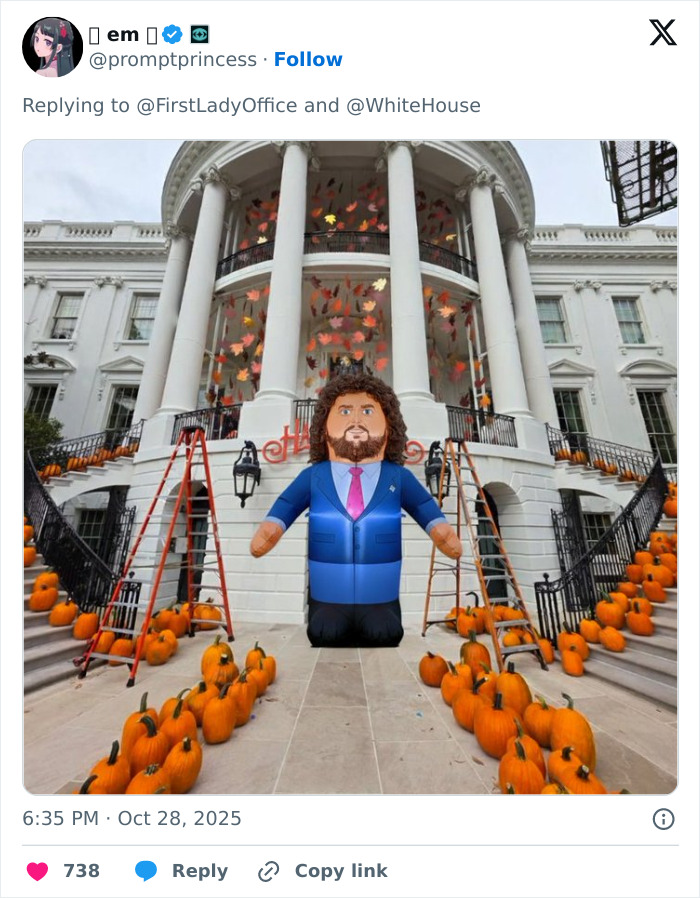 Inflatable figure and pumpkins arranged on White House steps in Melania Trump's White House Halloween display.
