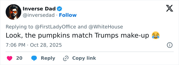 Tweet mocking Melania Trump's White House Halloween display with pumpkins matching her makeup, receiving humorous online reactions.