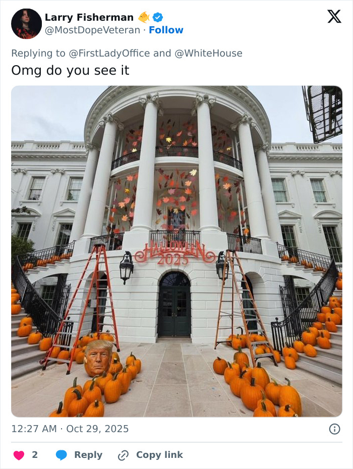 Halloween display at the White House entrance with pumpkins and a decoration resembling Melania Trump's White House Halloween display.
