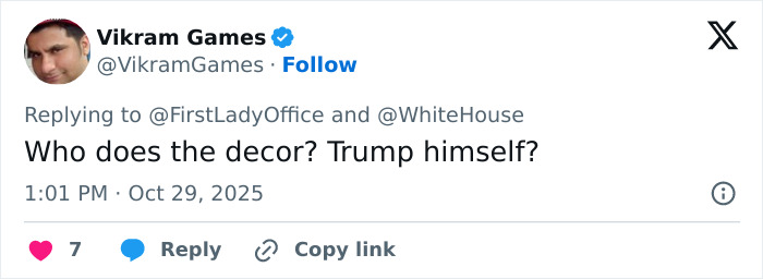 Screenshot of a tweet mocking Melania Trump&rsquo;s White House Halloween display decor with sarcastic comment about Trump.