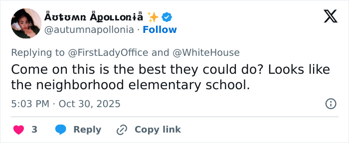 User tweet criticizing Melania Trump's White House Halloween display, comparing it to a neighborhood elementary school.