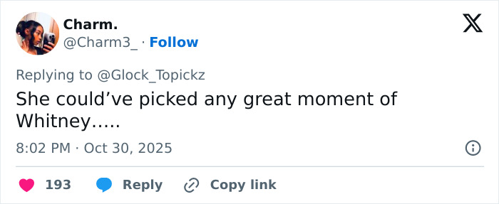 Screenshot of a tweet criticizing Winnie Harlow for channeling Whitney Houston, sparking backlash online.