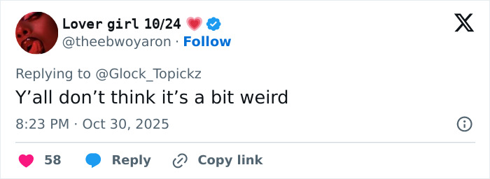 Tweet from user Lover girl 10/24 questioning if something is weird amid backlash involving Winnie Harlow Halloween look.