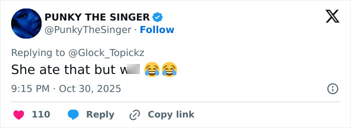 Tweet screenshot showing a user commenting with laughing emojis amid backlash towards Winnie Harlow for channeling Whitney Houston.
