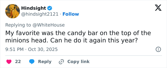 Screenshot of a social media post discussing Melania Trump's White House Halloween display and a candy bar on a minion's head.