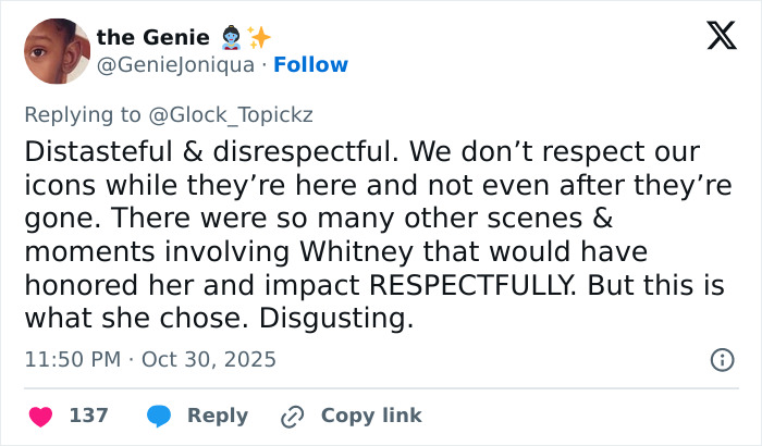 Tweet criticizing Winnie Harlow for disrespectfully channeling Whitney Houston for Halloween, sparking backlash.