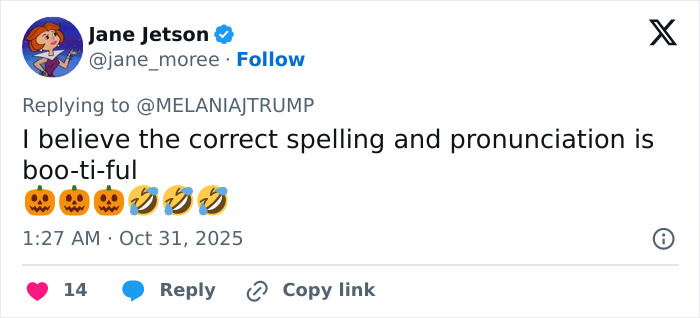 Tweet replying to Melania Trump with a Halloween pun, roasting White House Halloween display with pumpkin emojis and laughter icons.