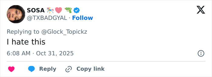 Tweet from user SOSA expressing dislike, related to Winnie Harlow facing backlash for Whitney Houston Halloween look.