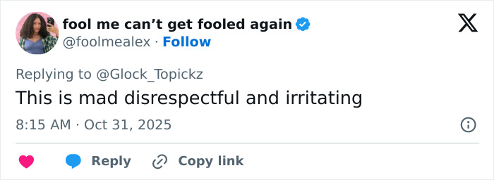 Tweet screenshot showing user calling Winnie Harlow&rsquo;s Whitney Houston Halloween look very disrespectful and irritating.