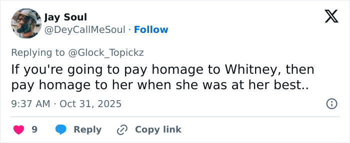 Tweet criticizing Winnie Harlow facing backlash for channeling Whitney Houston in Halloween tribute.