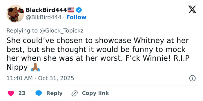Tweet criticizing Winnie Harlow facing backlash after channeling Whitney Houston for Halloween, calling it disrespectful.