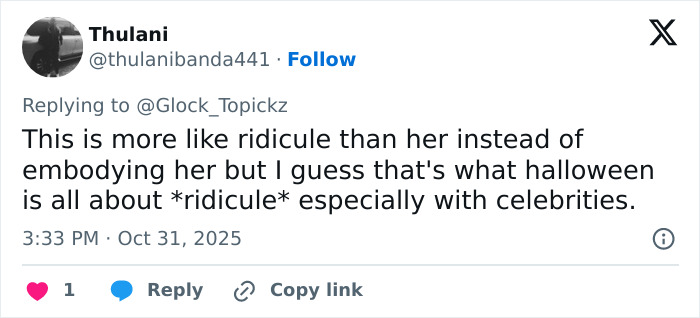 User's tweet criticizing Winnie Harlow for channeling Whitney Houston on Halloween, sparking backlash online.