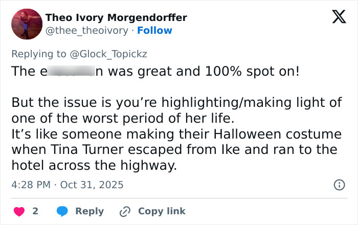 Tweet criticizing Winnie Harlow facing backlash for channeling Whitney Houston in Halloween costume.