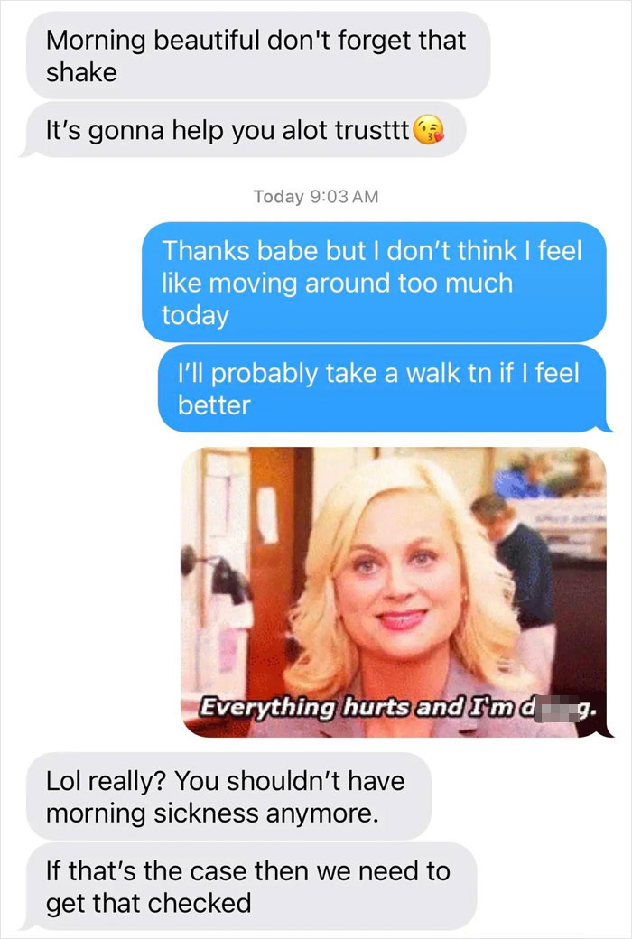 Text message conversation showing a pregnant girlfriend too sore and tired to work out, accused of playing the victim.