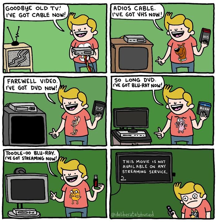 Comic strip showing a man happily upgrading from old TV to cable, VHS, DVD, Blu-ray, then streaming with a dark twist ending.