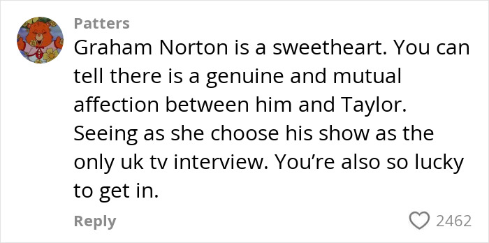 Comment discussing Graham Norton showing genuine affection toward Taylor Swift during a UK TV interview. Comment discussing Graham Norton showing genuine affection toward Taylor Swift during a UK TV interview.