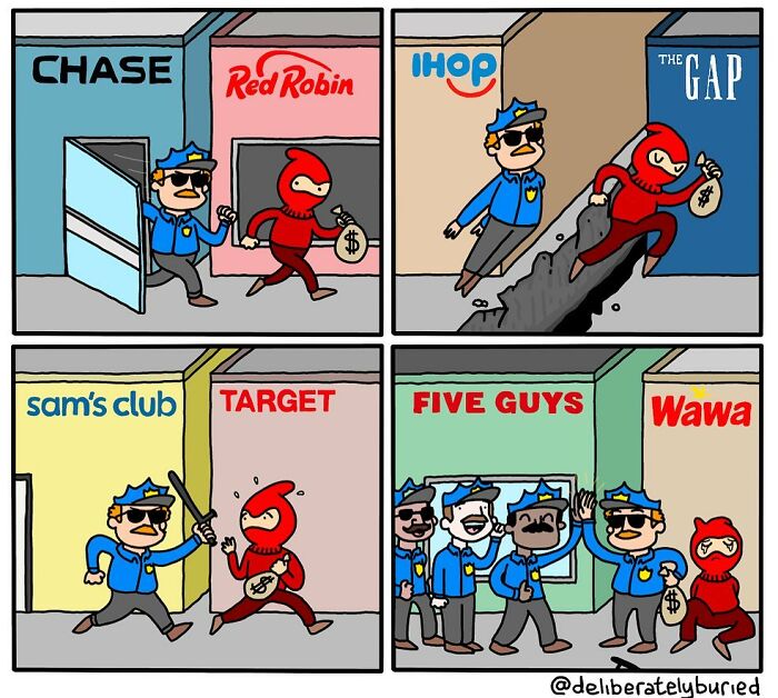 Comic panels showing a thief escaping or caught by police at various stores, with dark humor and unexpected endings.