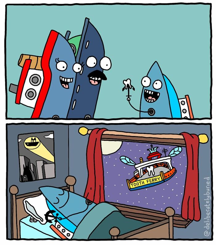 Comic panel showing anthropomorphic boats with a dark humor twist featuring a tooth ferry and unexpected endings.