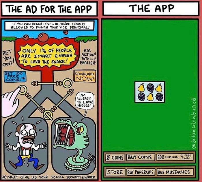 Comic illustrating the difference between exaggerated app ads and the simple reality with a dark humor twist.