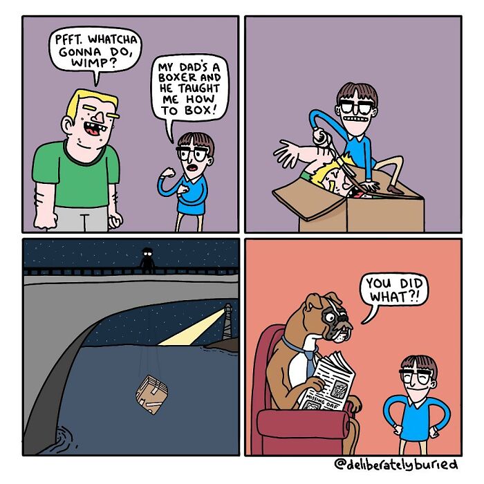 Comic panels showing a dark humor comic with unexpected endings featuring a boy, a boxer, and a dog reading a newspaper.