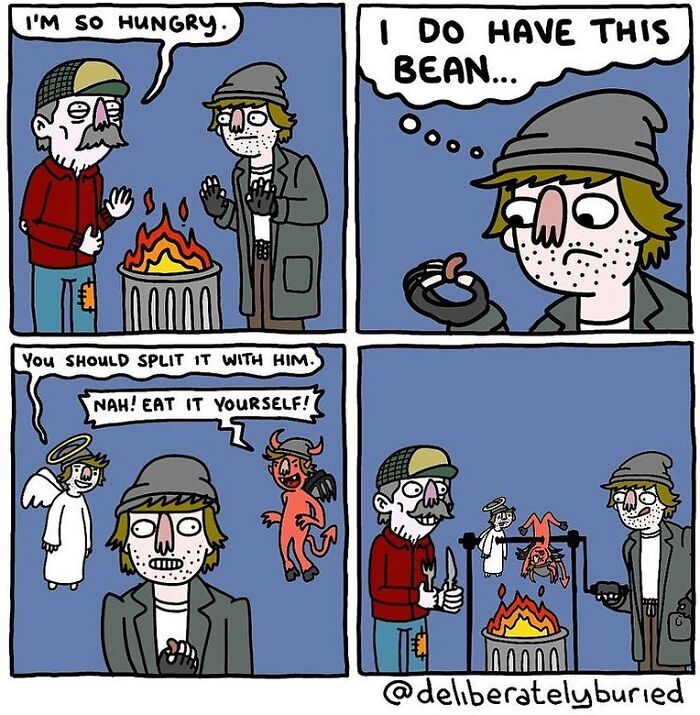 Comic strip showing dark humor with a homeless man choosing selfishness over sharing food by a fire.