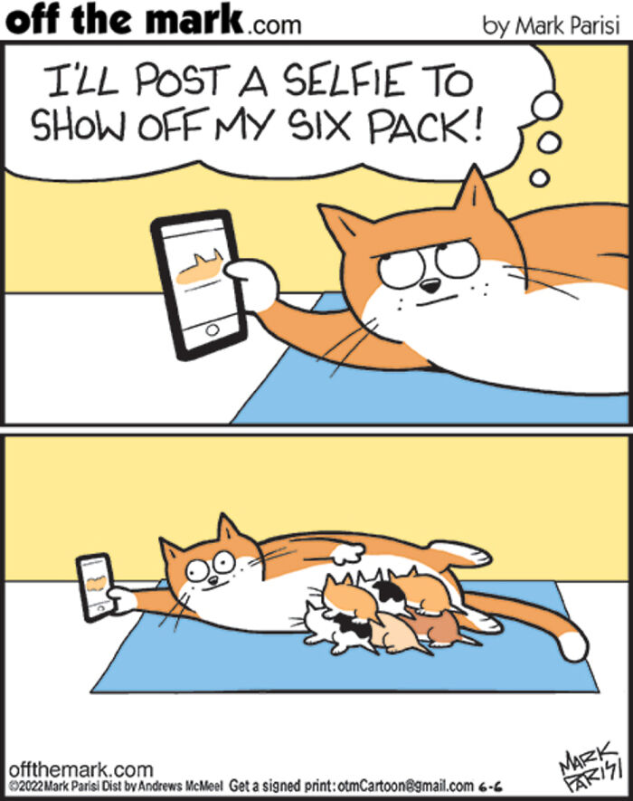 Cartoon from Off the Mark shows a cat humorously posting a selfie to show off its six pack of kittens.