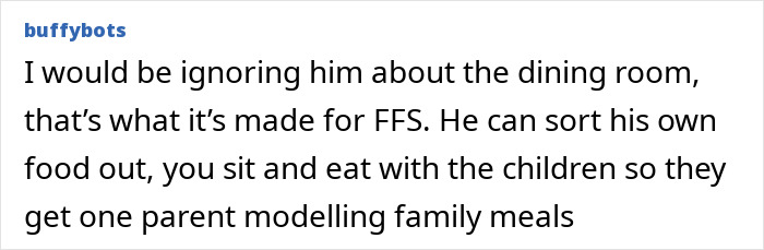 Screenshot of online discussion where a mom shares challenges of eating together with family during mealtime.