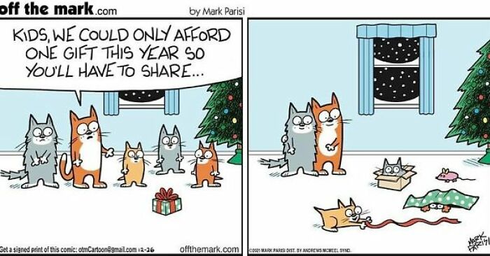 Cartoon cats gather around a Christmas tree with one gift, humorously illustrating everyday life in a cartoon style.