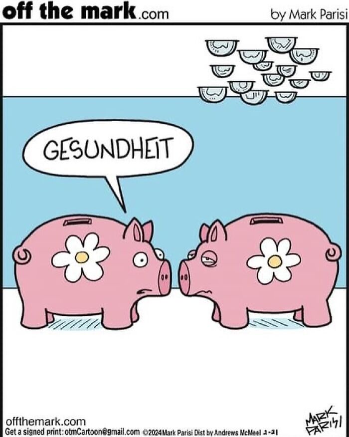 Cartoon of two pink piggy banks with flowers, one sneezing under falling coins, illustrating everyday life humor.