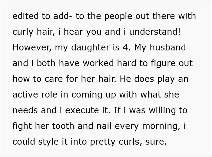 Text excerpt discussing a mom addressing hair care for her biracial daughter amid curls and whitewashing criticism.