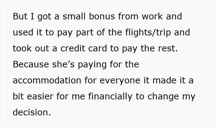 Text excerpt discussing financial struggles and payment decisions related to bridesmaid&rsquo;s dress expenses and trip costs.