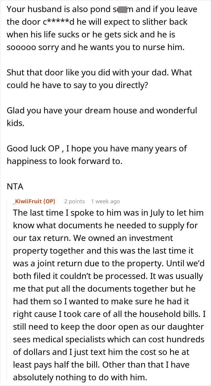 Text conversation discussing a man siding with his daughter's cheating ex during a difficult divorce situation.