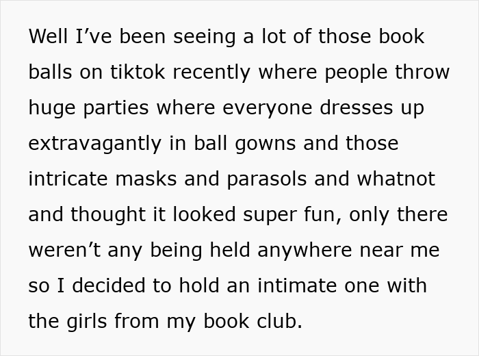 Text excerpt about hosting an extravagant ball with book club friends, focusing on ball gowns and intricate masks.