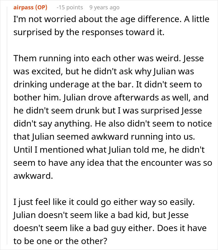 Text screenshot showing a woman bumping into her boyfriend&rsquo;s grown son, leading to an unexpected wake-up call.