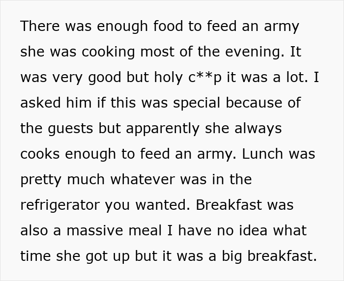 Alt text: Text describing family expectations and experiences with boyfriend&rsquo;s mother cooking large meals for family gatherings.