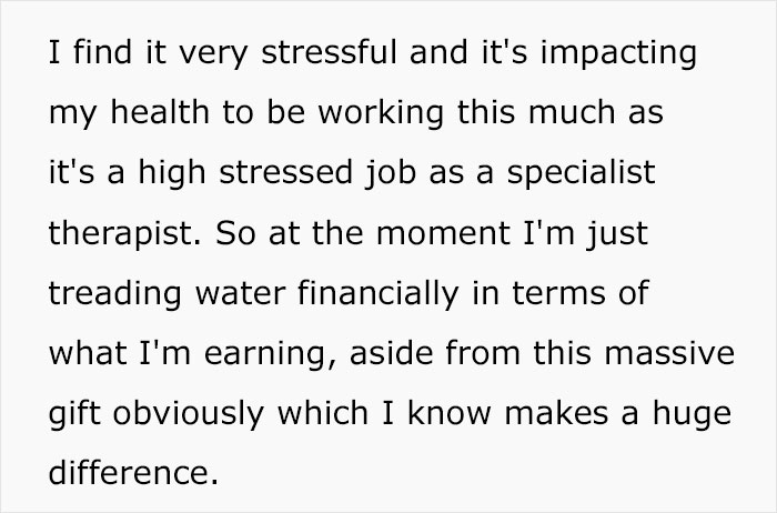 Text about woman refusing to contribute to bills after boyfriend drops 600K on a house, expressing financial stress.