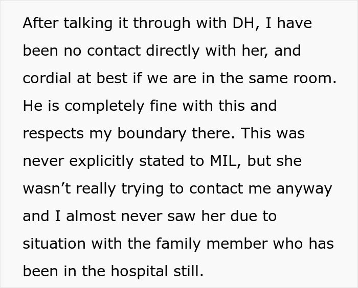 Text excerpt about new mom setting boundaries with MIL, describing limited contact and respectful family relationships.