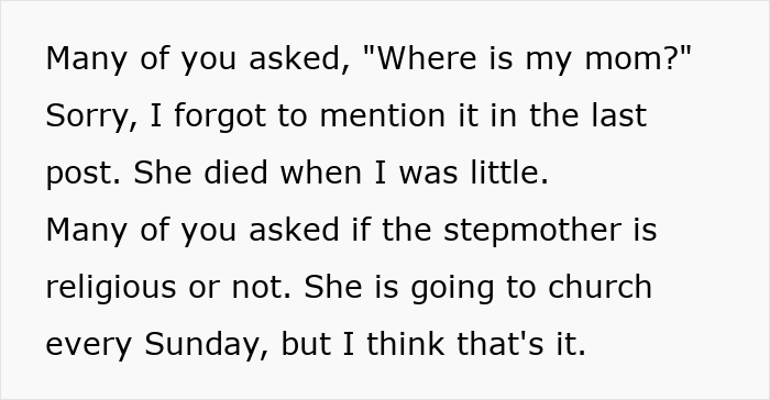 Text discussing stepmother's role and control within family relationship, mentioning her church attendance every Sunday. Text discussing stepmother's role and control within family relationship, mentioning her church attendance every Sunday.