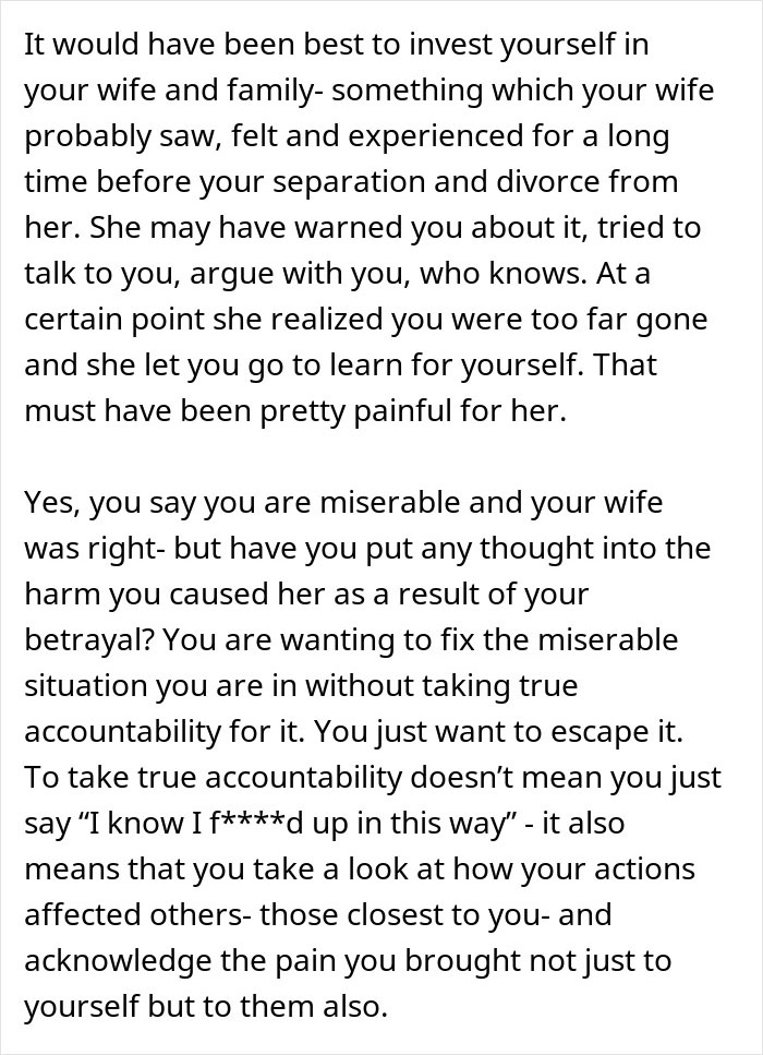 Text discussing a man leaving his wife for a younger woman and facing the harsh truth of his actions.